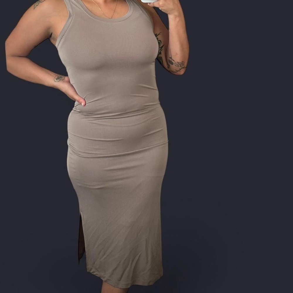 Armani Exchange Tan Ruched Bodycon Midi Dress